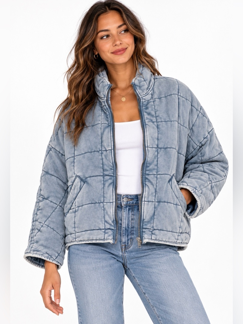 Free People Washed Blue Dolman Quilted Jacket Women’s L Oversized Zip Bomber